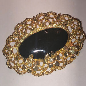 Angel Brand Vintage Gold Tone and Black Enamel Floral Rhinestone Brooch